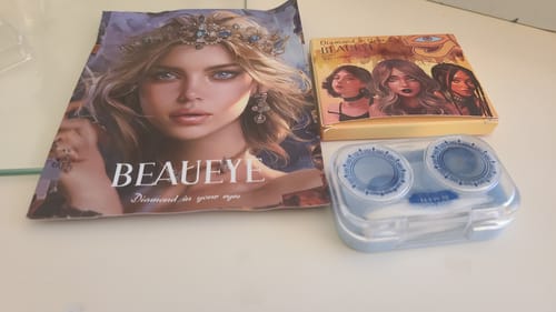 Customer photo review of Amaretto Blue Prescription Colored Contact Lenses