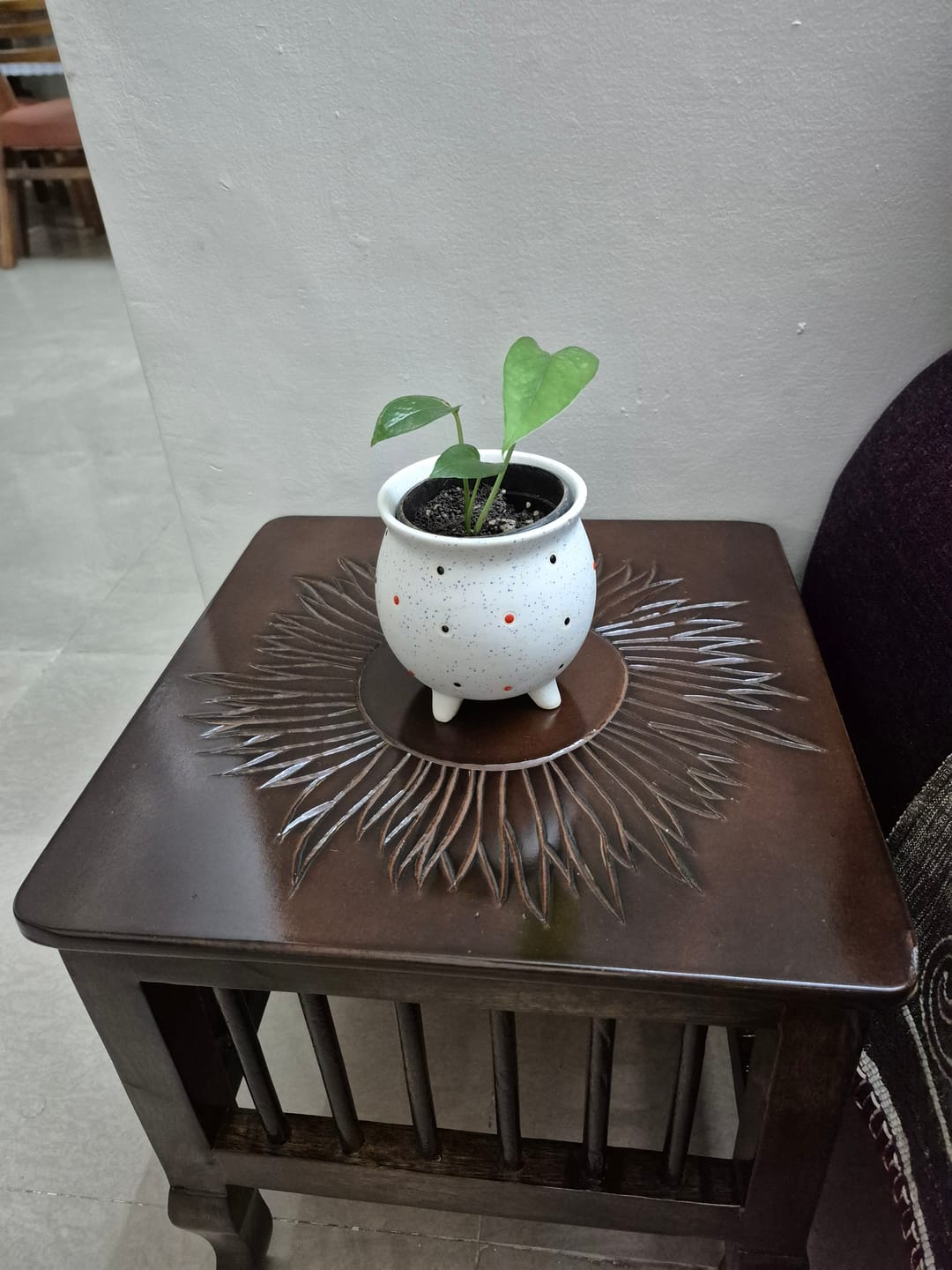 Customer photo review of Mango Wood Walnut Finish Handmade Carving Classic Side Table for Living Room