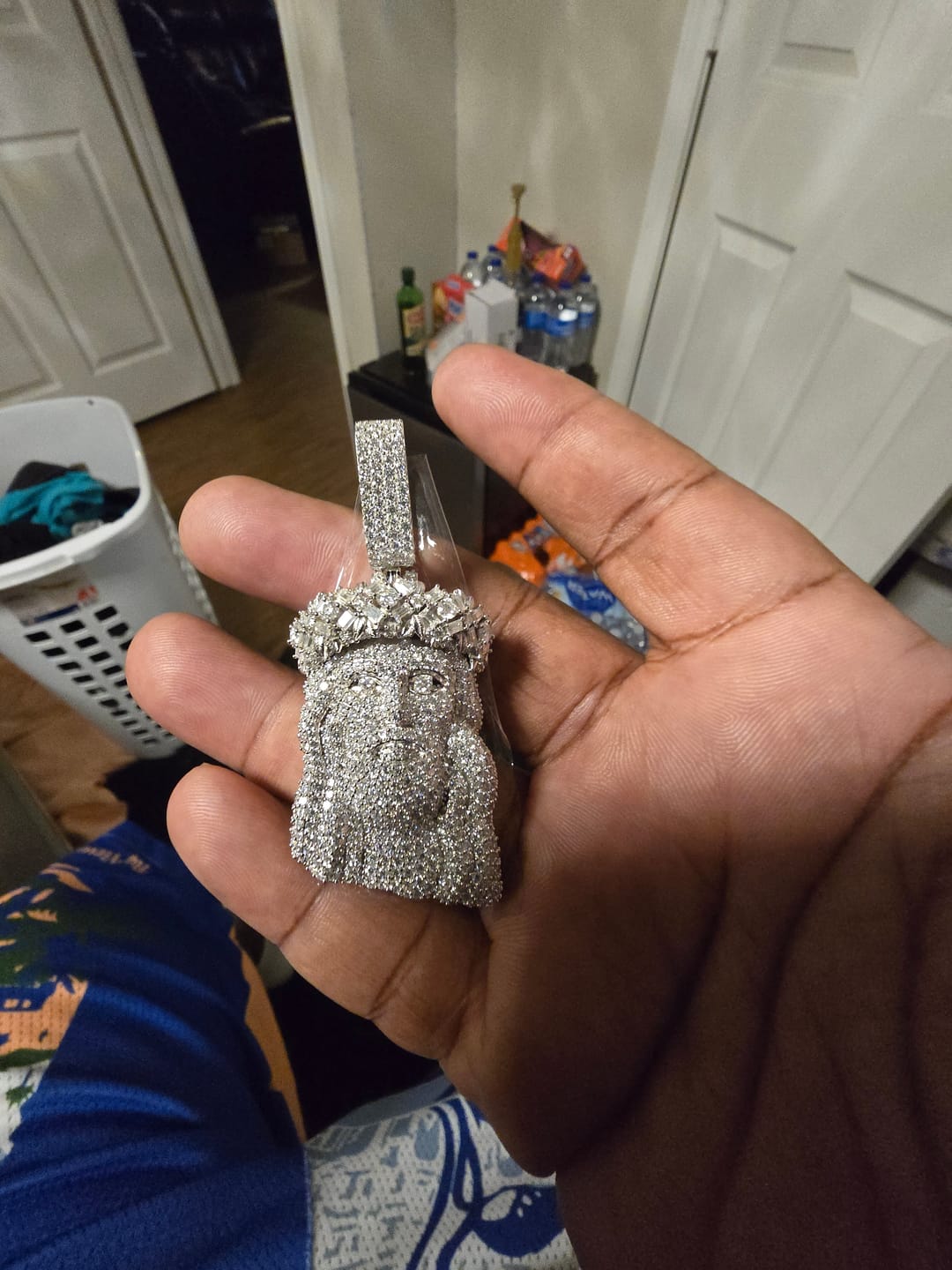 Customer photo review of Moissanite Jesus Piece 14K Gold