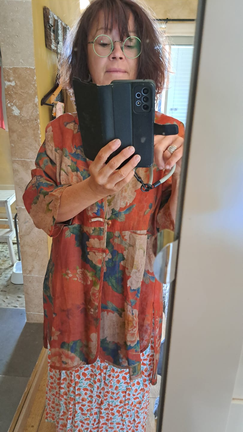 Customer photo review of Plus Size Women Summer Stand Collar Flower 100%Ramie Cardigan Shirt