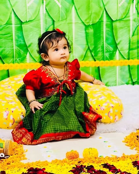 Customer photo review of Traditional green and red checked langa jacket ethnic wear for baby girl