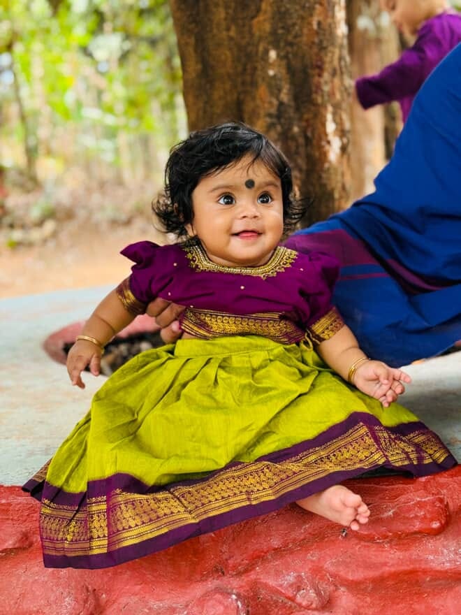 Customer photo review of Green and Wine Kids Langa Blouse – Traditional Zari Border Cotton Dress for Baby Girl