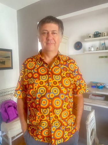 Customer photo review of Chemise boutonnée rétro orange des années 70 pour hommes, cercle géométrique vintage