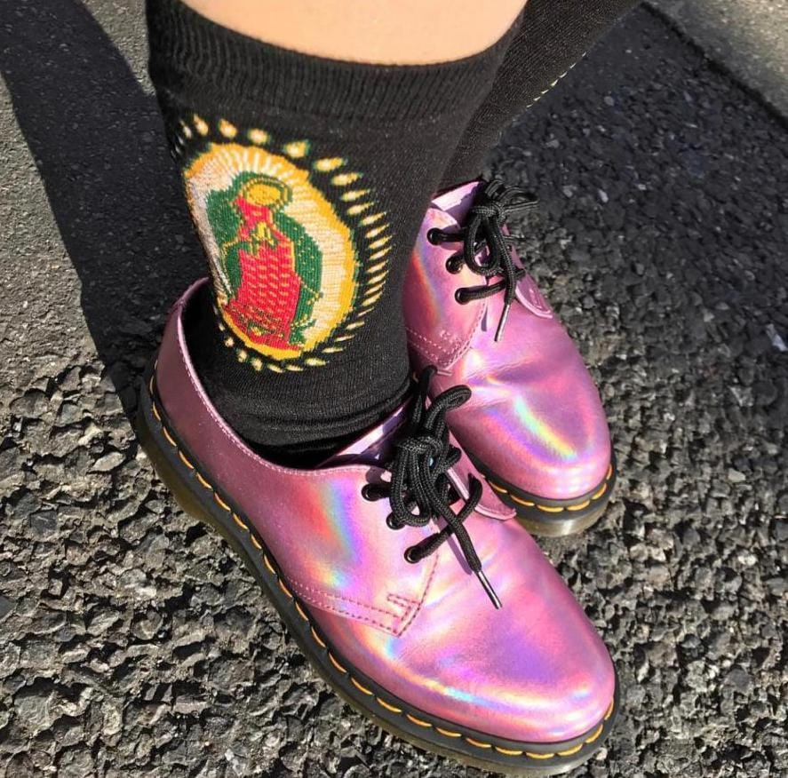 Customer photo review of Christianartworkshop Black Virgin of Guadalupe Religious Crew Socks: Retro Design, Exclusive Faith Flair