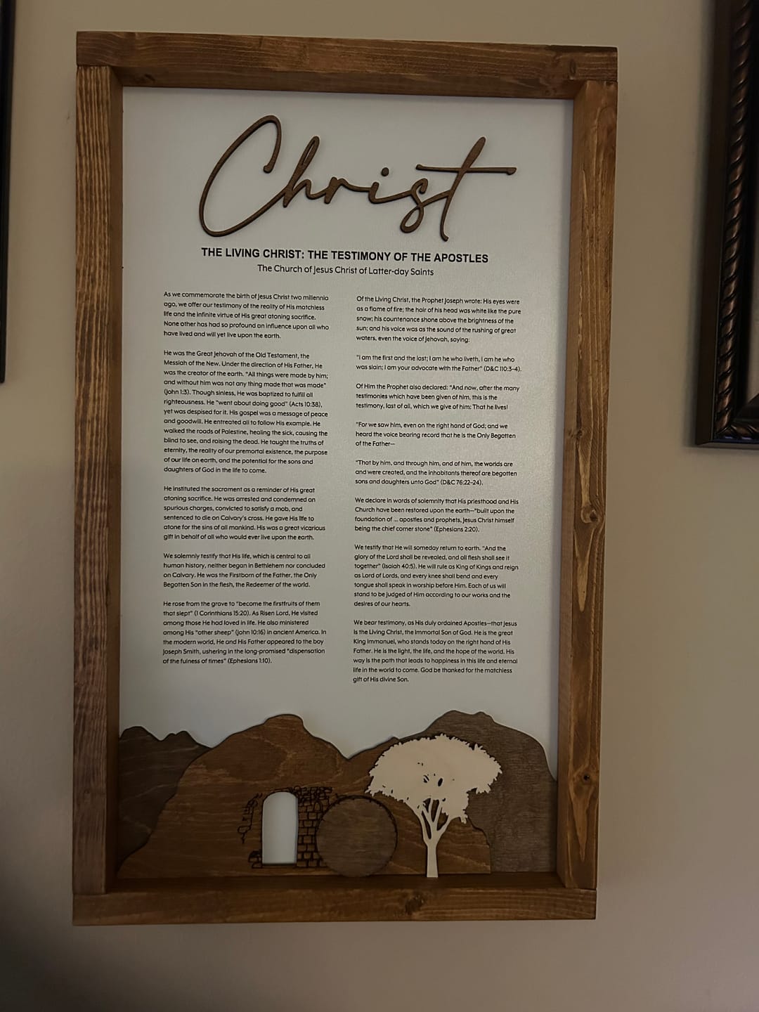 Customer photo review of The Living Christ: A Testimony of the Apostles | Framed Proclamation Sign with Multi-layered Scenes