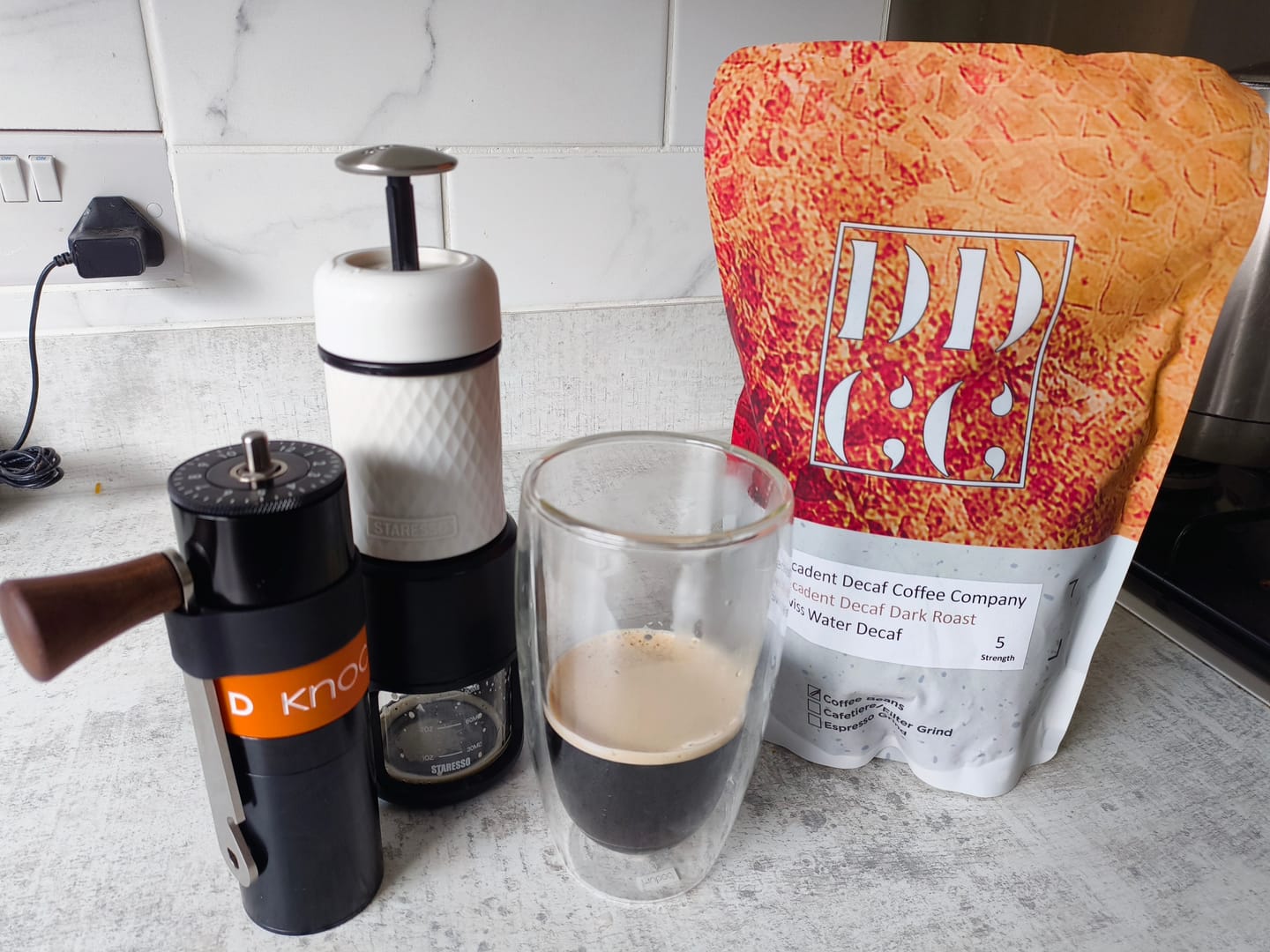 Customer photo review of Decadent Decaf Dark Roast Decaffeinated Coffee Blend - Swiss Water Decaf/CO2 Process - Strength 5