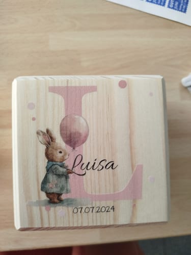 Kundenbewertung mit Foto zu Spardose aus Holz - Tiermotive mit Monogramm