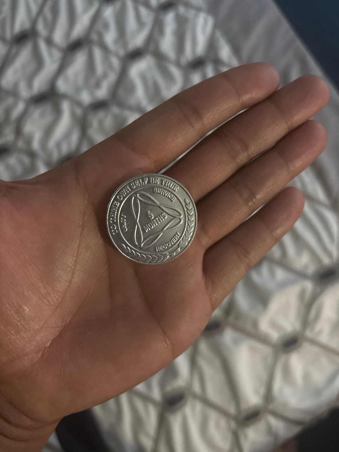 Customer photo review of Sobriety Mint Infinity Aluminum AA Meeting Newcomer Sobriety Chips/Coins/Tokens - 6 Months - Silver