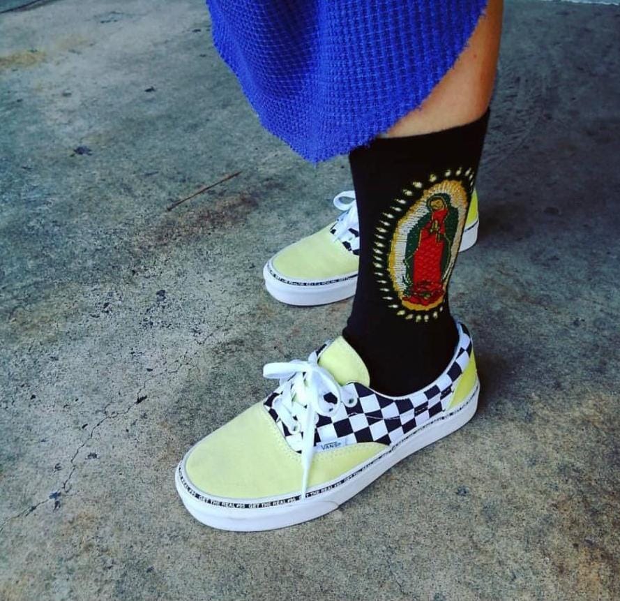 Customer photo review of Christianartworkshop Black Virgin of Guadalupe Religious Crew Socks: Retro Design, Exclusive Faith Flair