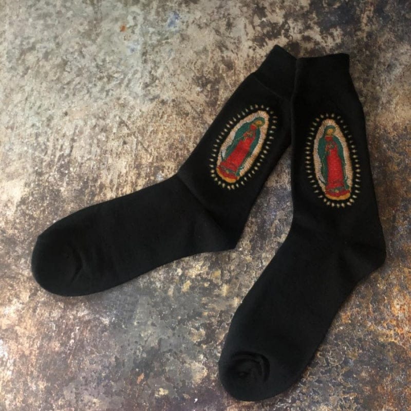 Customer photo review of Christianartworkshop Black Virgin of Guadalupe Religious Crew Socks: Retro Design, Exclusive Faith Flair