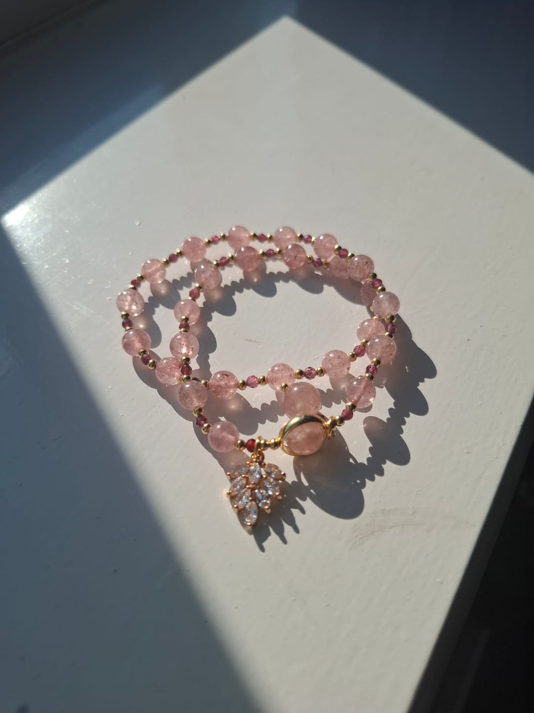 Customer photo review of Natural Strawberry Quartz Love Healing Maple Leaf Charm Double Wrap Bracelet