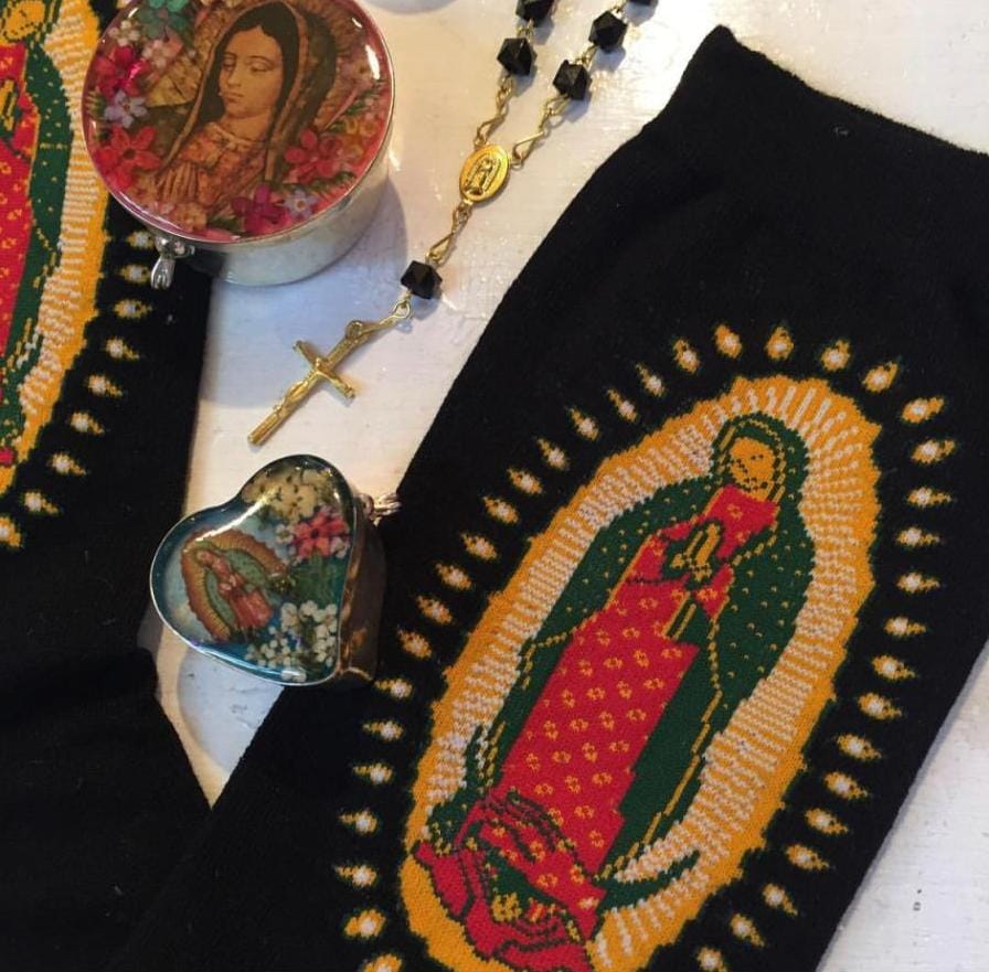 Customer photo review of Christianartworkshop Black Virgin of Guadalupe Religious Crew Socks: Retro Design, Exclusive Faith Flair