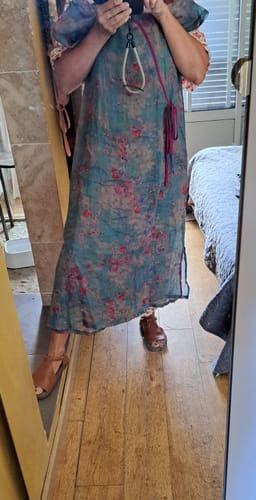 Customer photo review of Women Summer Ethnic Flower Stand Collar Linen Dress
