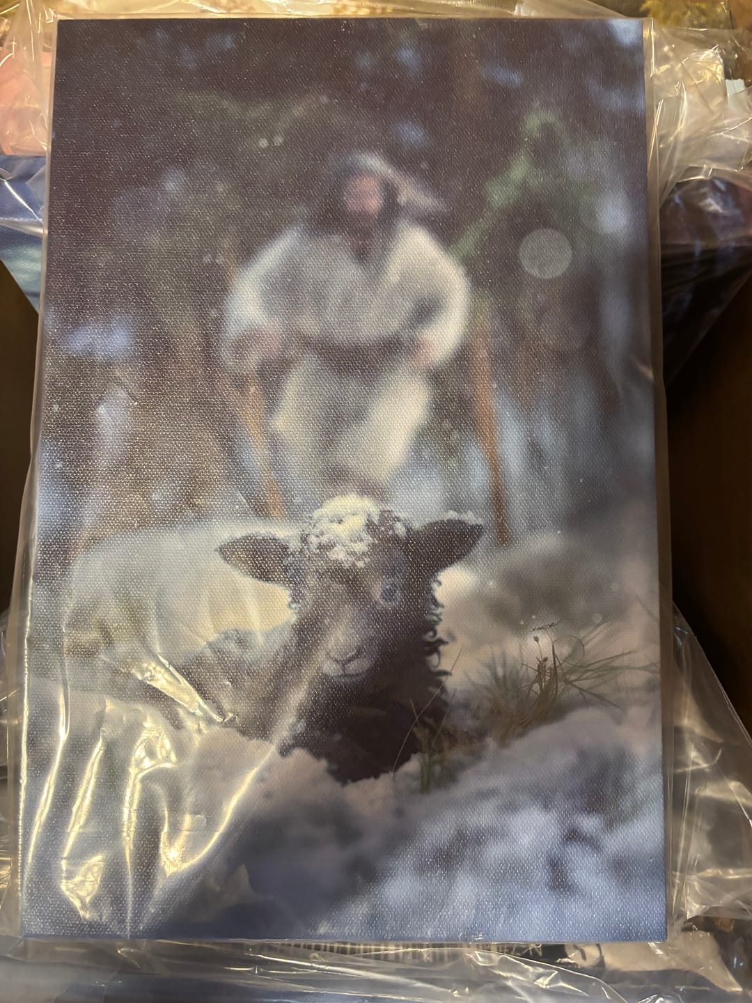 Customer photo review of Jesus Running to Rescue a Lost Sheep in a Snowy Forest Wall Art Canvas