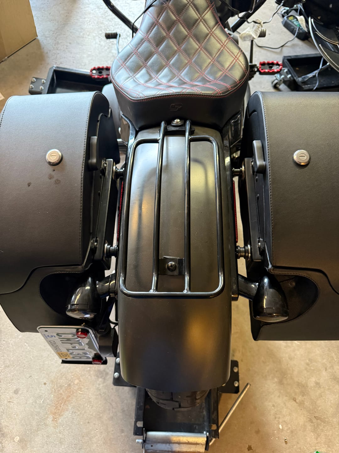 Customer photo review of 32L - Darkin Large Quick Mount Leather Wrapped Hard Saddlebags for Harley Softail Slim FLSL