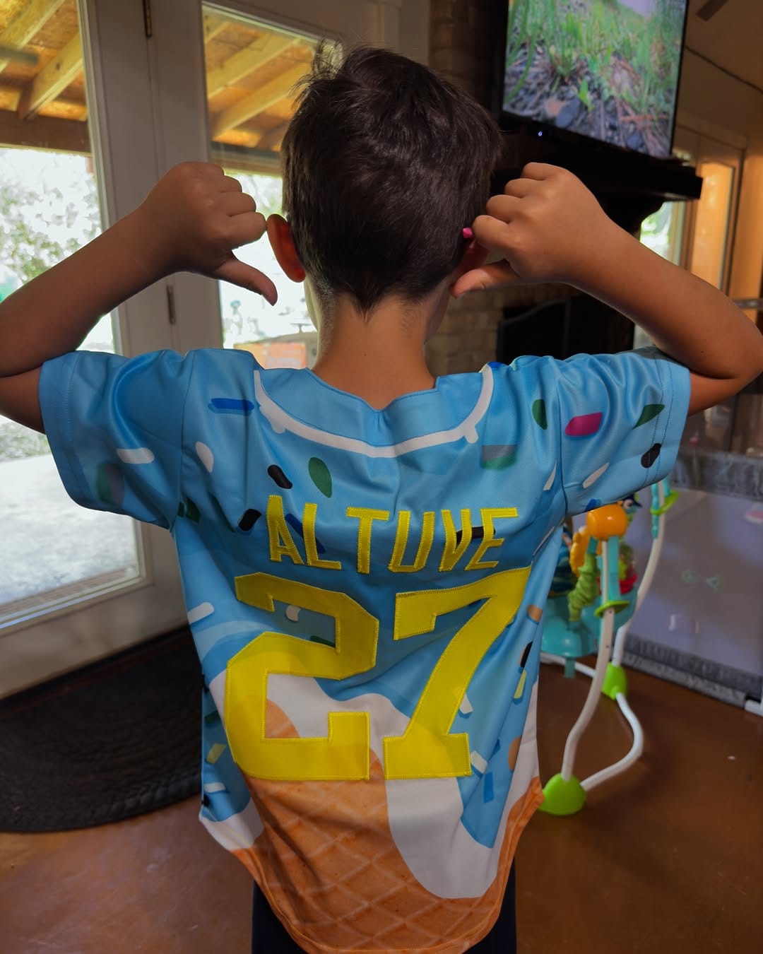 Customer photo review of Custom Powder Blue Ice Cream Cone Graffiti Pattern Fashion Authentic Baseball Jersey