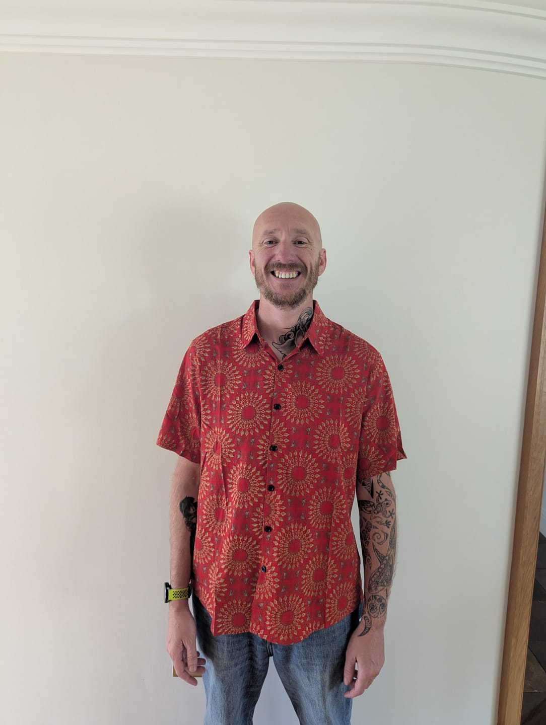 Customer photo review of Men's Cotton Vintage 70s Floral Retro Button Up Green Summer Beach Bohemian Boho Short Sleeve Shirt