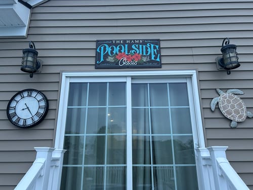 Customer photo review of Pool and Patio Sign Red Hibiscus Personalized