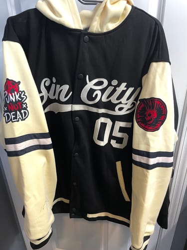 Customer photo review of Custom Black Cream Raglan Sleeves Varsity Full-Snap Letterman Three Stripes Jacket Hoodie