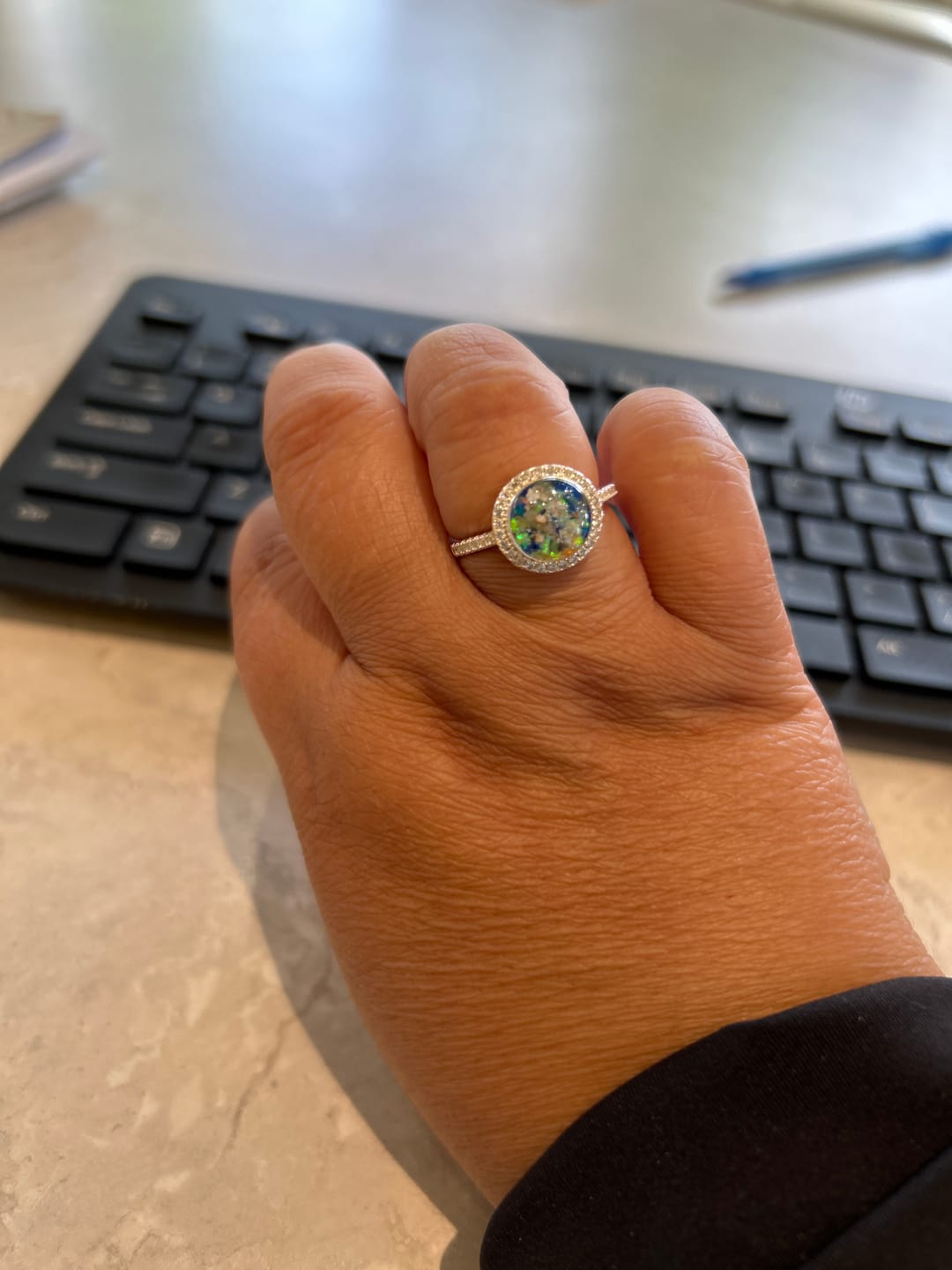Customer photo review of Bedazzled Circle Opal Cremation Ring