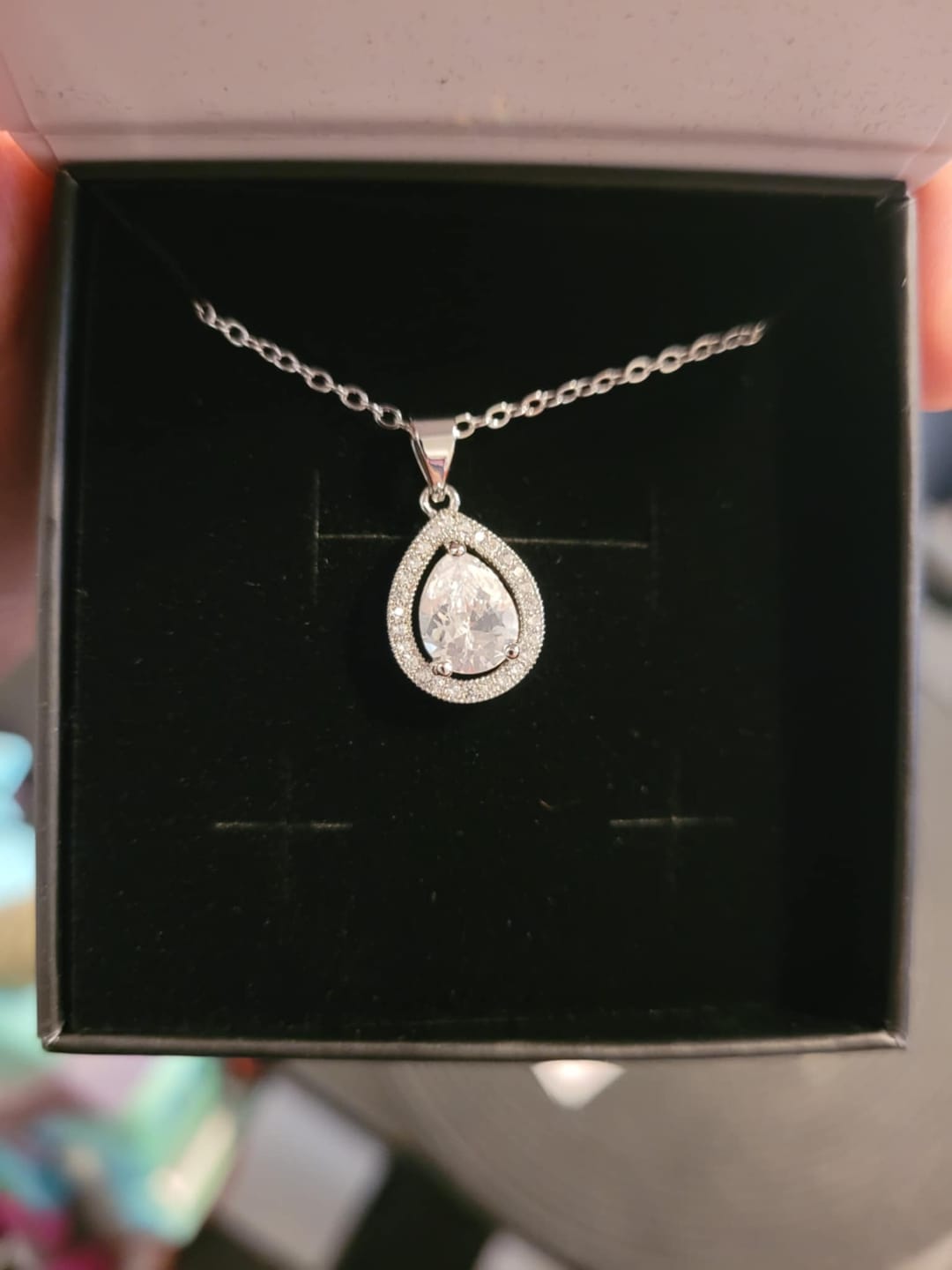 Customer photo review of Isabel 18k White Gold Plated Halo Teardrop Necklace with Simulated Diamond Crystal