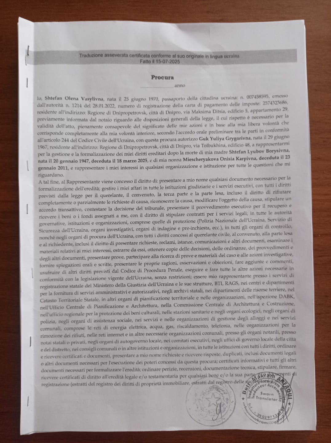 Customer photo review of DOCUMENTI GIURIDICI/NOTARILI - TRADUZIONE