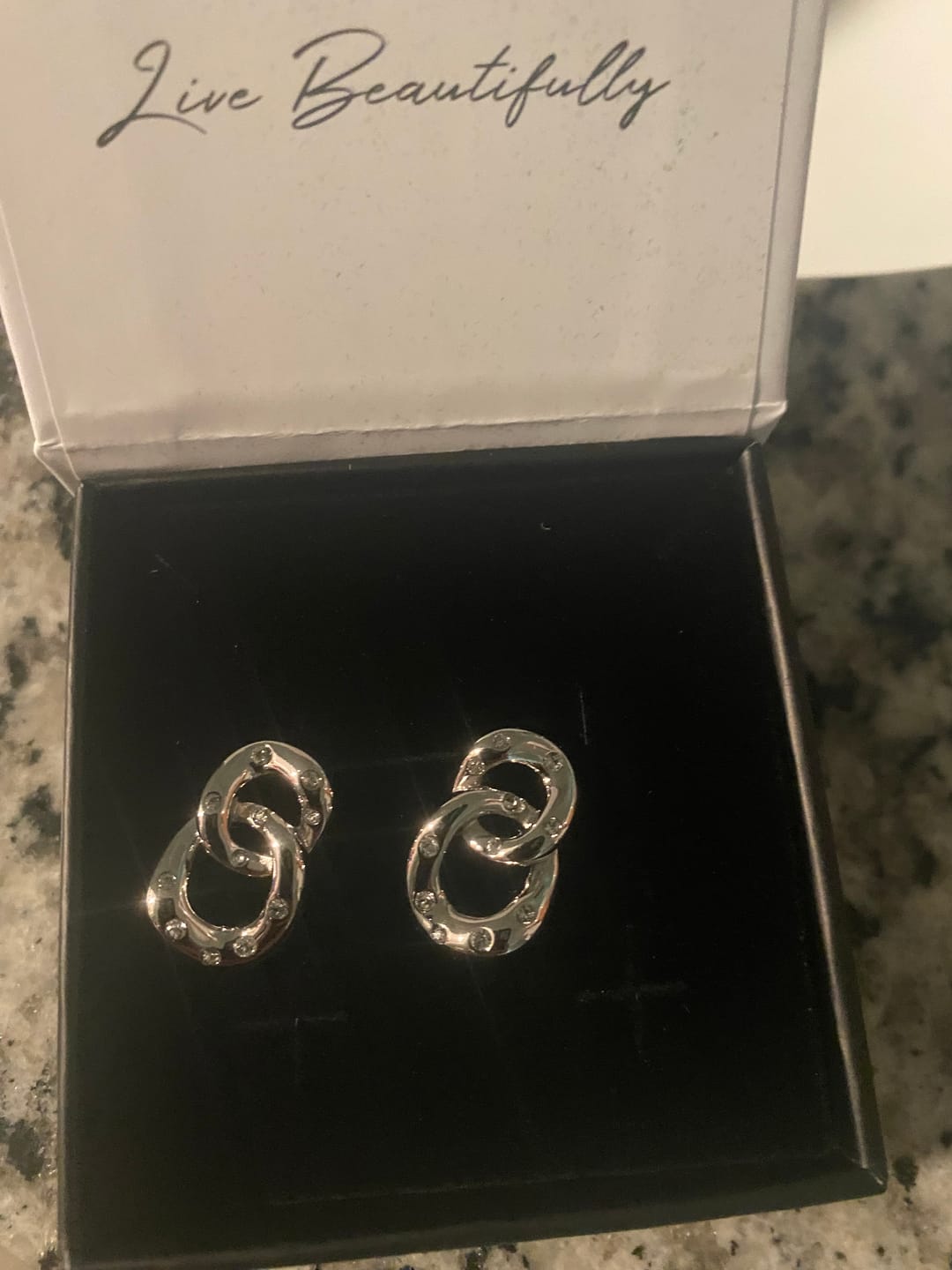 Customer photo review of Bonnie 18k White Gold Double Link Chain Drop Earrings with Swarovski Crystals
