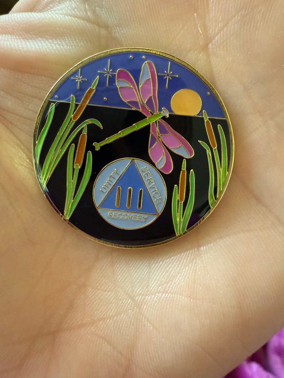 Customer photo review of 1 to 60 Year Dragonfly 9th Step Specialty AA Recovery Medallion - Tri-Plated Chip/Coin