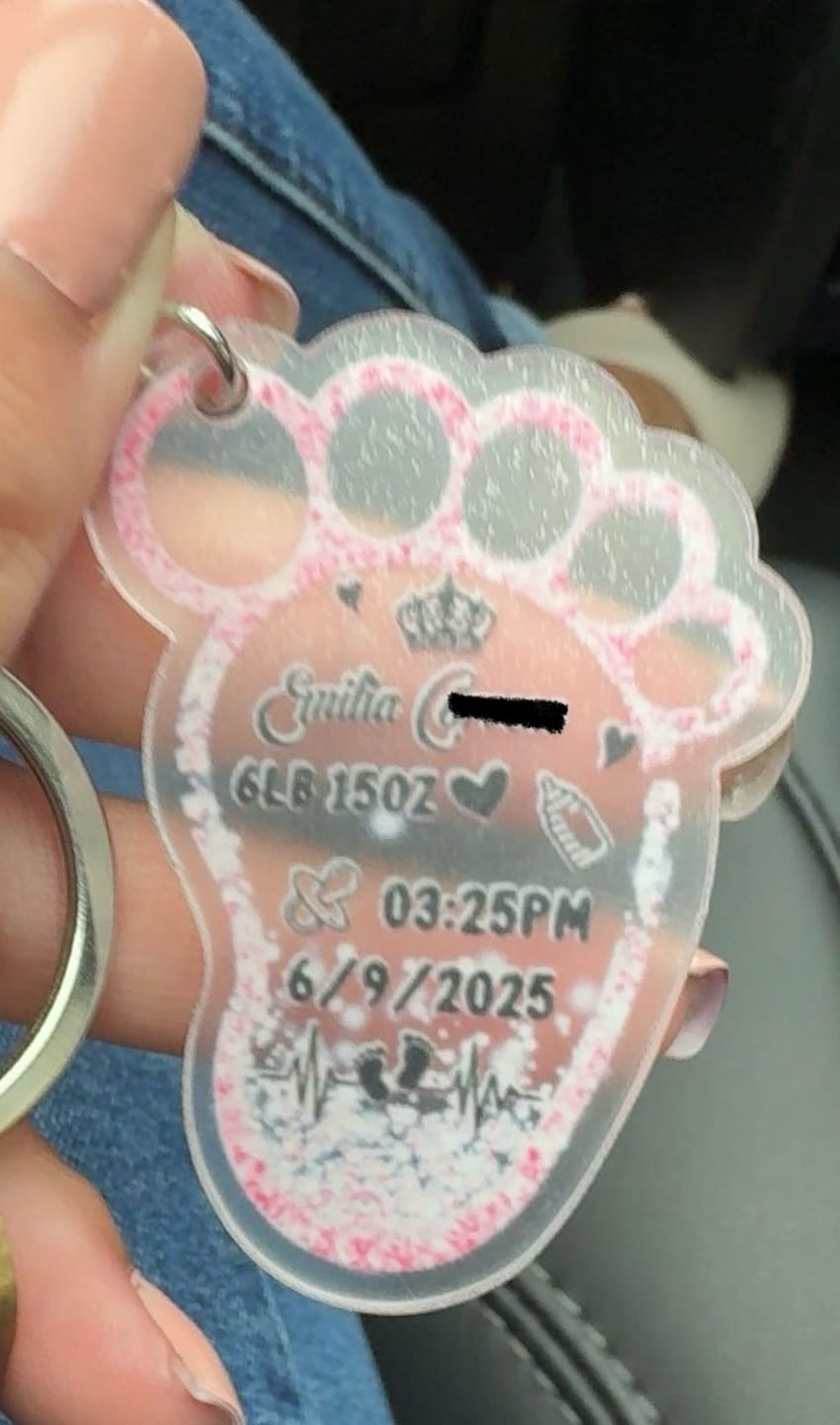 Customer photo review of Personalized New Baby Foot Acrylic Keychain