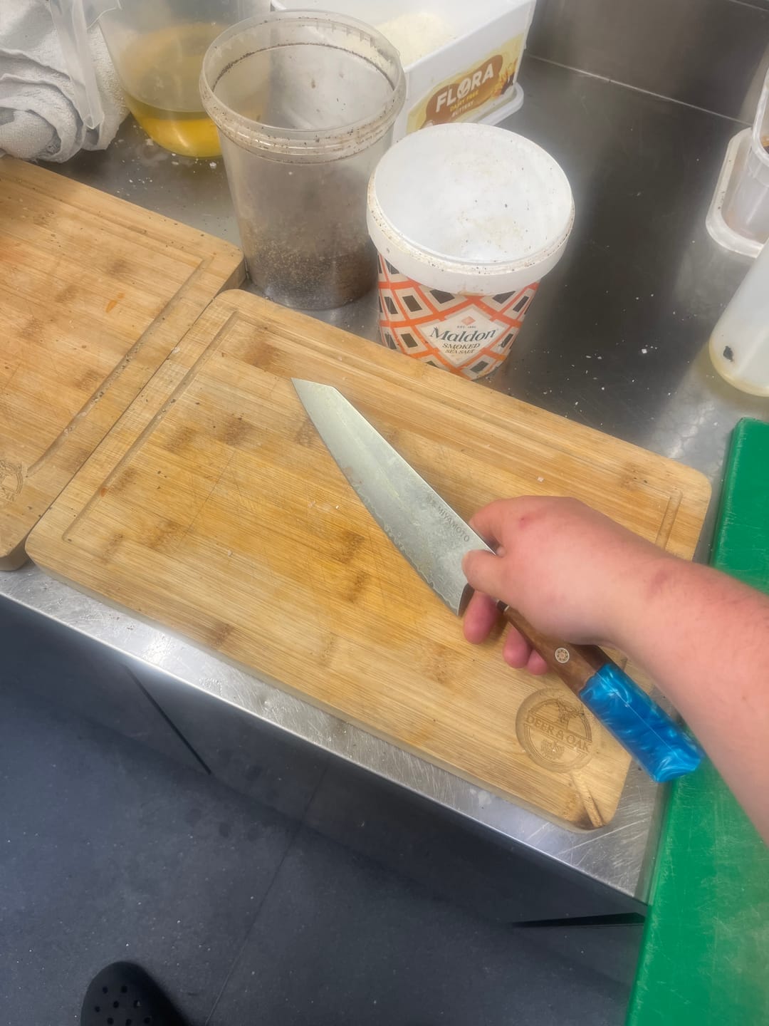 Customer photo review of Miyamoto Damascus Kiritsuke Chef Knife (Blue)