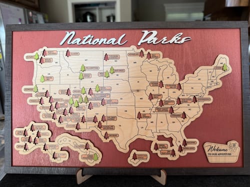 Customer photo review of US Wooden National Parks Travel Map With Trees To Record Park Visits (Red)