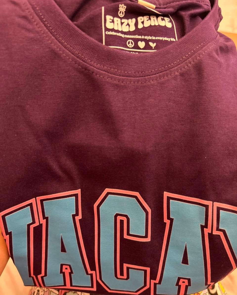 Customer photo review of Vacay Mode T-Shirt – University Font with Neon Pink Border | Cute Girls Trip Tee