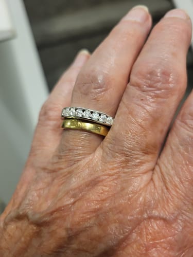 Customer photo review of Channel Set Moissanite Half Eternity Wedding Band Ring In Sterling Silver
