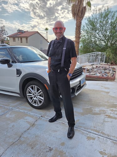 Customer photo review of Black White Polka Dot Y Back Brace Clip-on Men's Suspender with Bow Tie Set