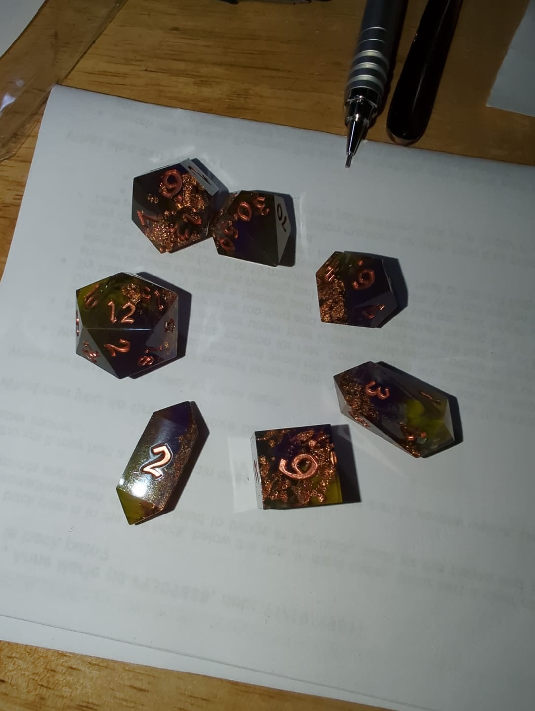 Customer photo review of Purple And Gold Handmade Resin DND Dice Set