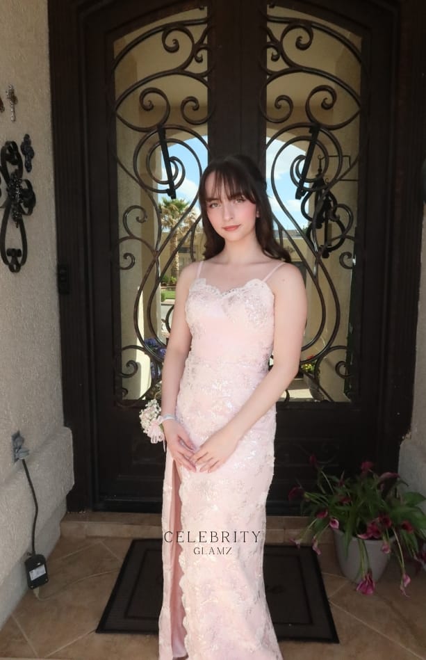 Customer photo review of Spaghetti Straps Beaded Pink Scalloped Neck Column Dress