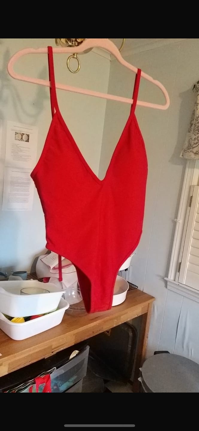 Customer photo review of VERONICA Scarlet Red Deep V One Piece
