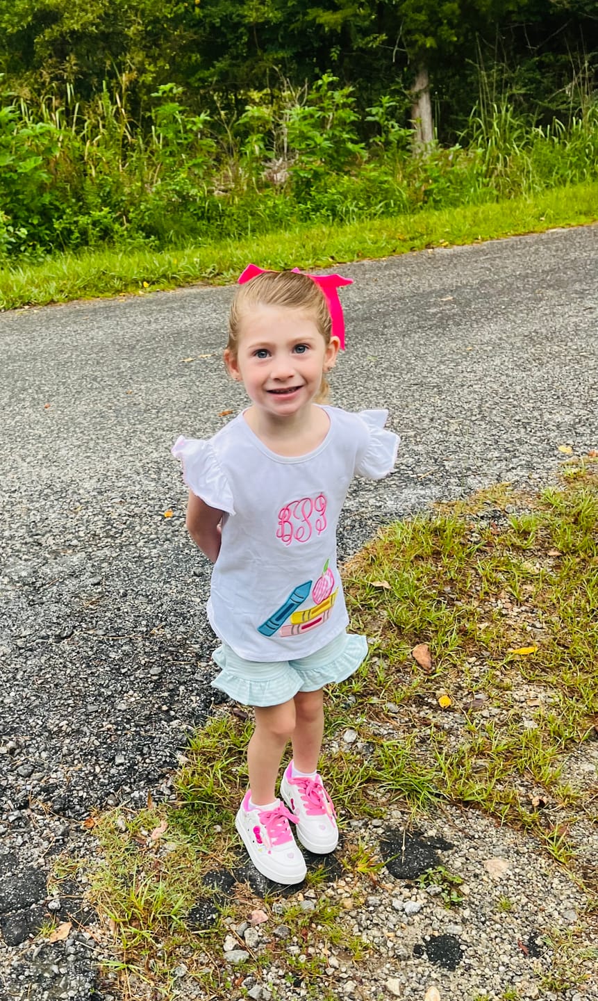 Customer photo review of Bright Crayons Light Blue Stripe Milly Short Set
