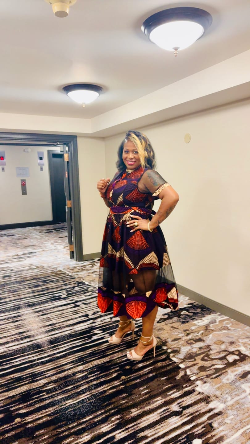 Customer photo review of VALENTINA AFRICAN PRINT BUTTON MESH DRESS [PURPLE]