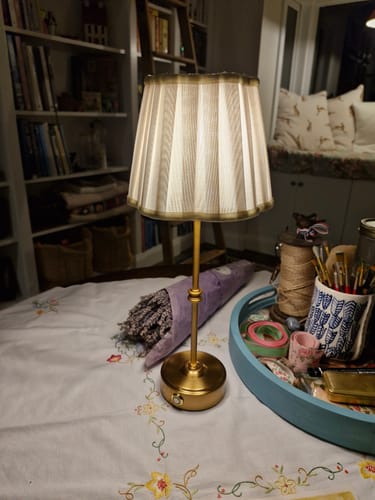 Customer photo review of Beige Stripe Scallop Shade & Gold Base - USB Table Lamp