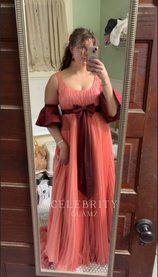 Customer photo review of Peach Chiffon Off-Shoulder A-Line Formal Gown