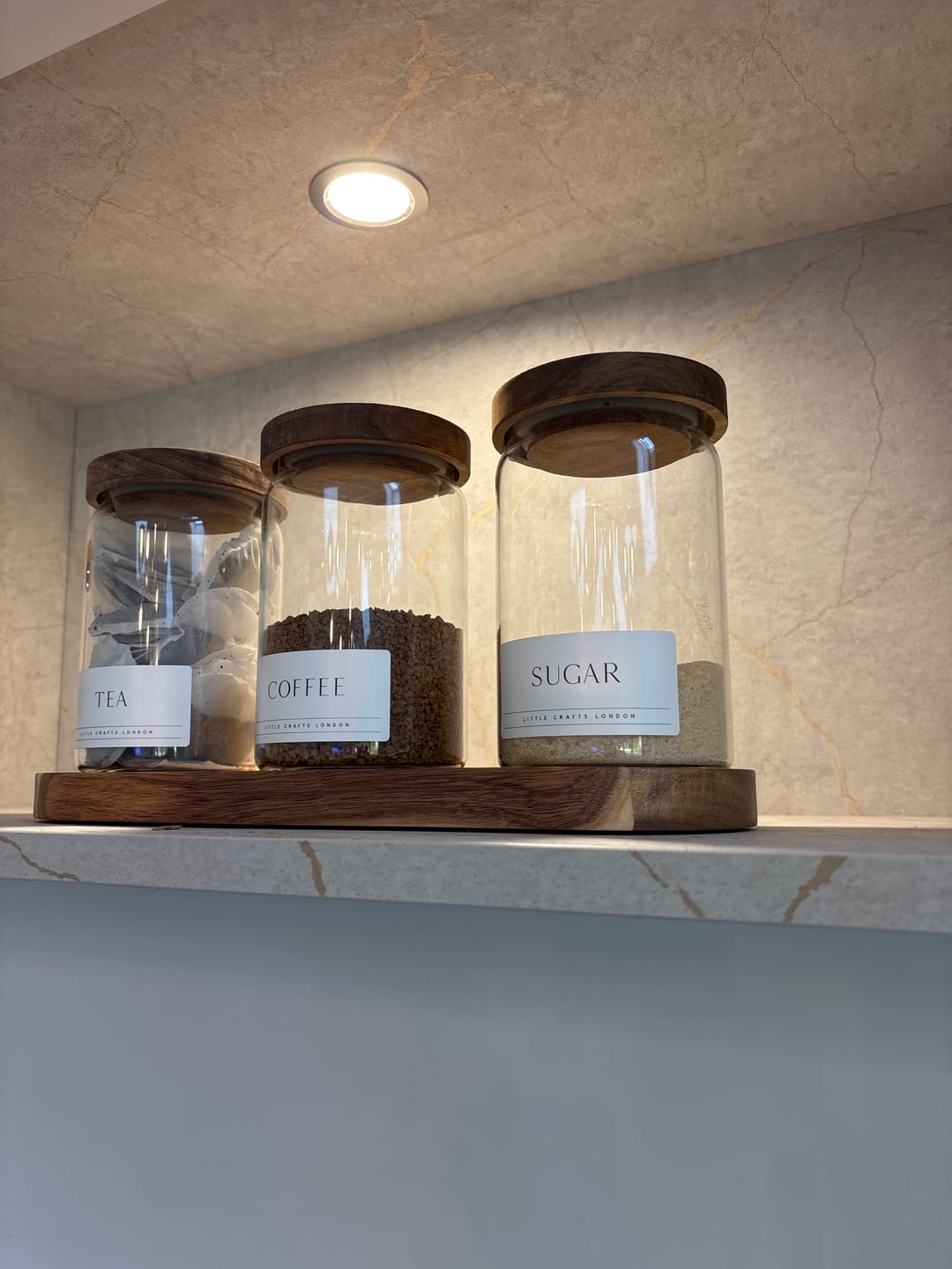 Customer photo review of Set of 3 Acacia Glass Jars Tea, Coffee and Sugar 750 ML & Rectangle Tray [LABEL SLIM]