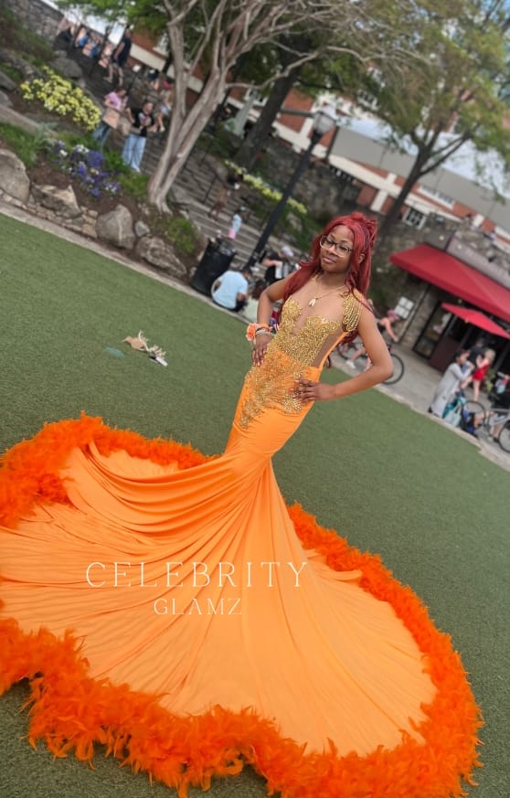 Customer photo review of Gold Rhinestone Orange Jersey Trumpet Chapel Train Prom Dress