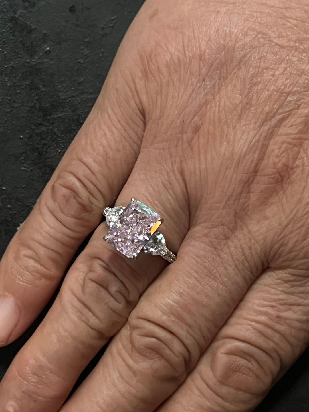 Customer photo review of S925 5.0Ct Pink/White Stone Radiant Cut Three Stone Engagement Ring Anniversary Ring For Women