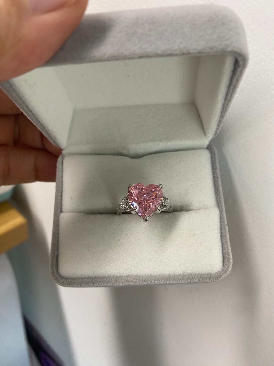 Customer photo review of S925 5.0Ct Heart Cut Royal Romantic Pink Stone Heart Cut Engagement Ring In Sterling Silver