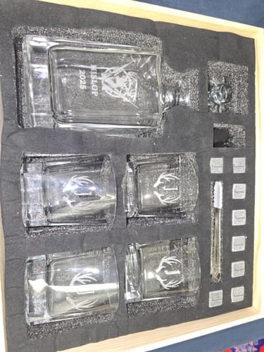 Customer photo review of Engraved Wooden Gift Boxed Whiskey - Star Base Decanter, 8 Ice Stones, Tongs & 4 Glasses Set