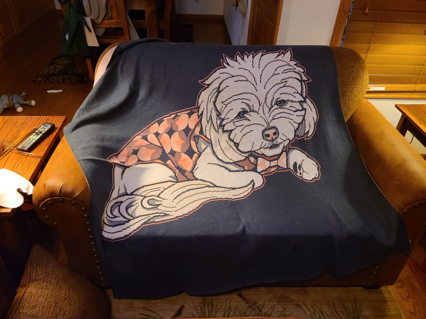Customer photo review of Dog With Bow Tie - Custom Knitted Blanket