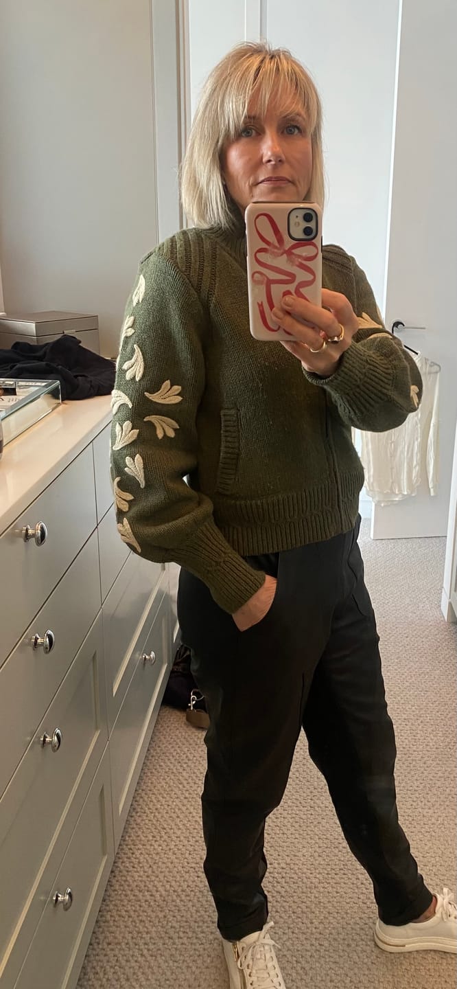 Customer photo review of Carmela Embroidered Knitted Bomber in Oliva
