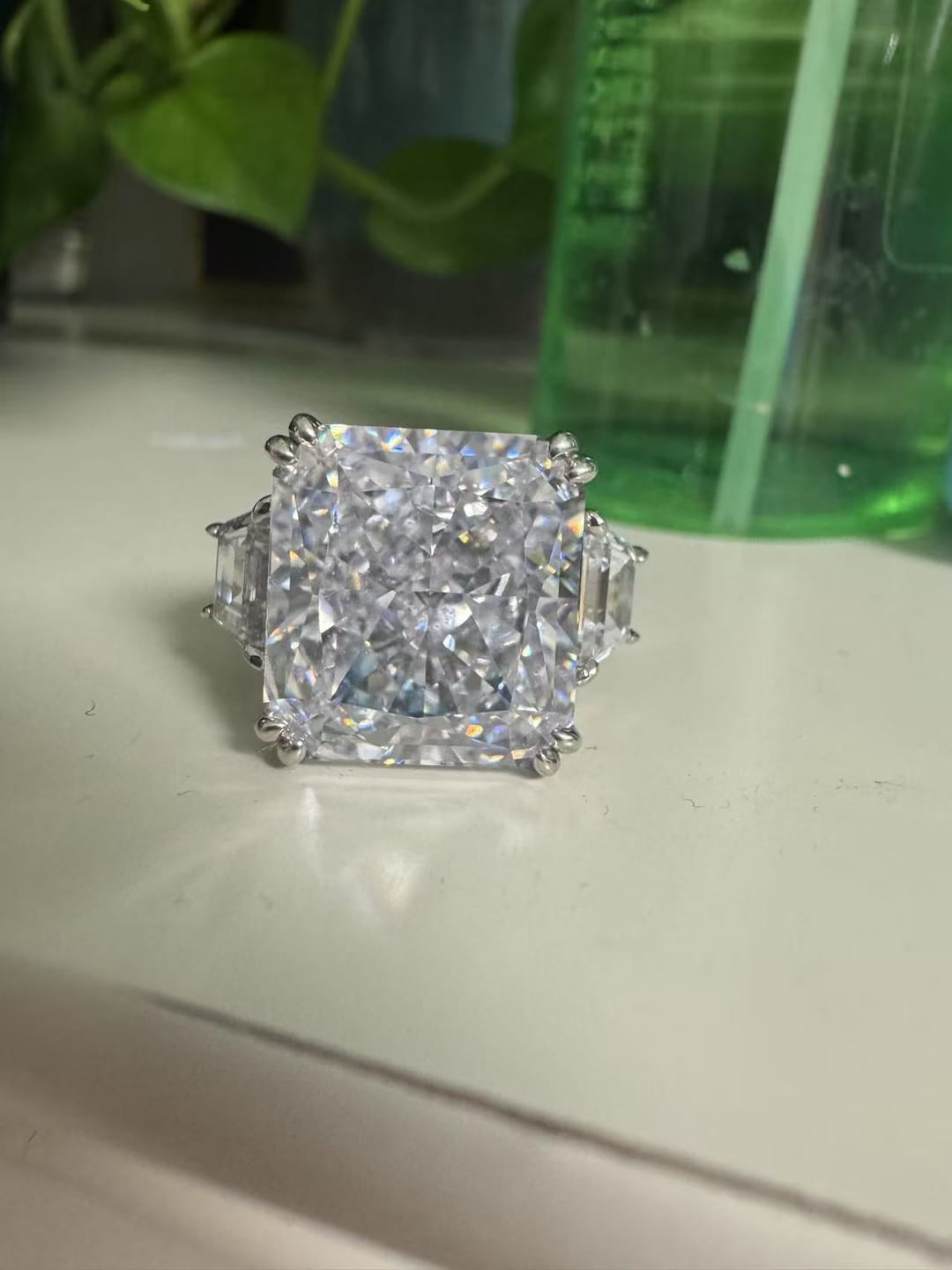 Customer photo review of S925 6.5/12.0 Ct Radiant Cut Crushed Ice Simulated Diamond Three-Stone Engagement Travel Ring