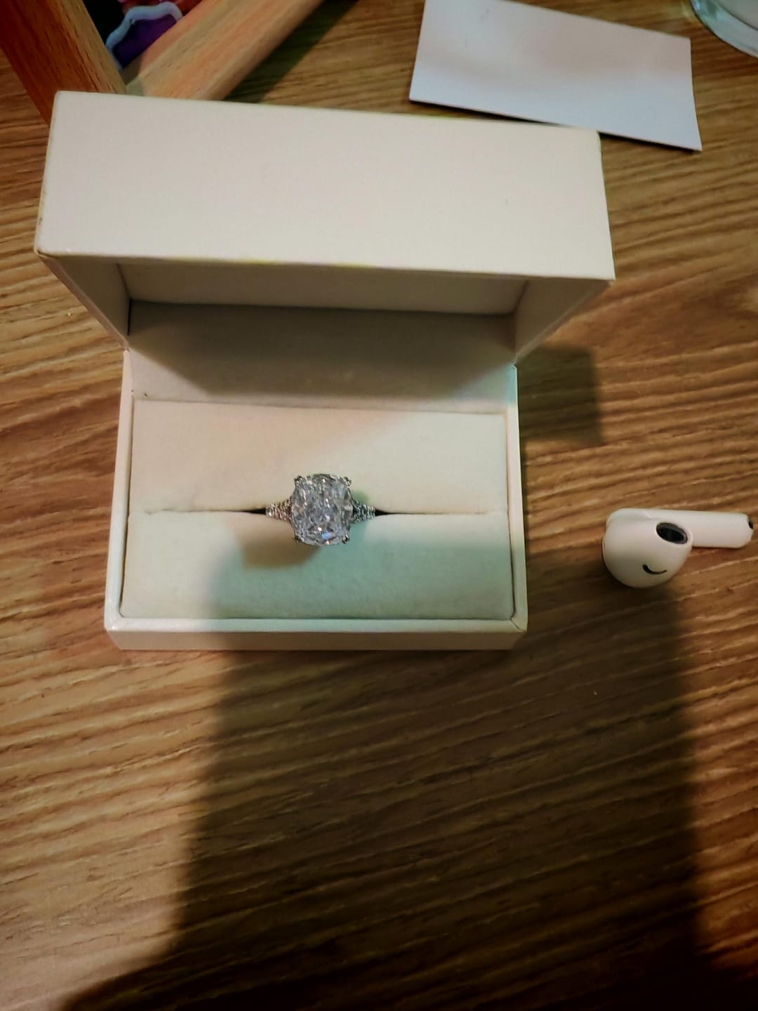 Customer photo review of S925 7.0Ct/4.0Ct Split Shank Cushion Cut Engagement Ring 18K White Gold Plated Travel Rings with Pavé Accents